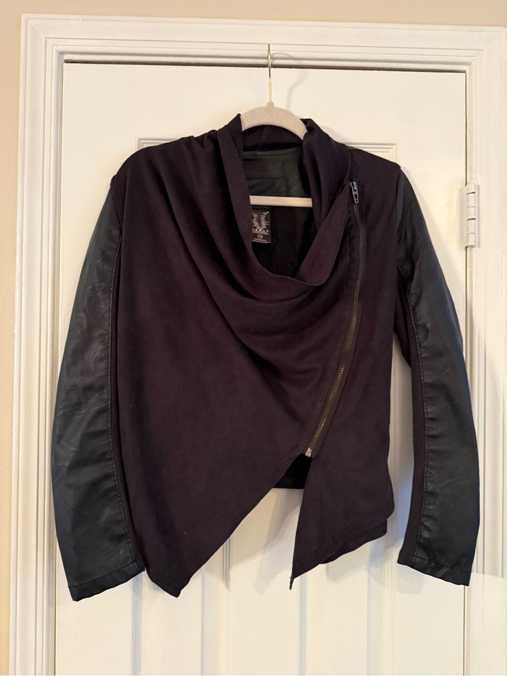 Blank NYC Black Draped Jacket with Faux Leather Sleeves